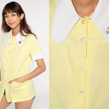 70s Yellow Blouse Dog Ear Collar Shirt Button Up Top Embroidered Heart Flower Retro Preppy Pastel Puff Sleeve Seventies Vintage 1970s Medium 