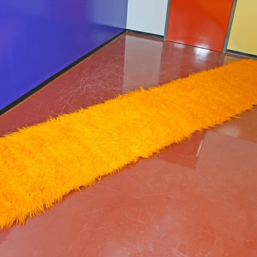 Vintage Mid Century Modern Vibrant Orange Fuzzy Furry Pile Shag Runner Rug Long Carpet Pop Art Retro Loft Studio Narrow Hallway Deep Yellow 