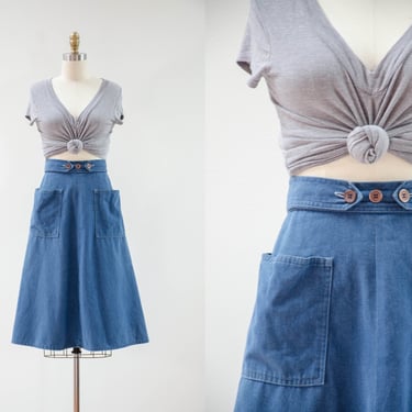 cute cottagecore skirt | 70s vintage dark blue cotton apron pocket dark academia knee length wrap skirt 