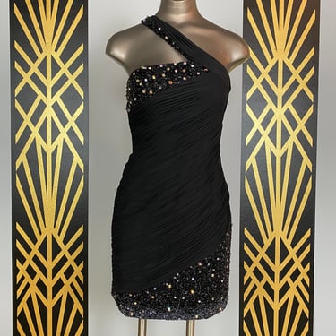 1990s cocktail dress, one shoulder, black ruched satin, vintage prom dress, y2k, beaded rhinestones, size x small, sexy mini, bandage, 25 