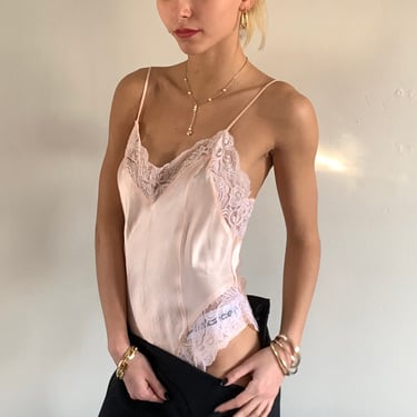 90s silk charmeuse teddy / vintage blush pink silk charmeuse lace trim delicate camisole teddy romper bodysuit | XS 