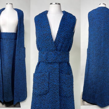 1960s-1970s Black & Blue Knit 3 Piece Set: Maxi Skirt, Floor Length, Long Sweep Vest, Belt Handmade Medium | Mod, Heavy, Winter, Warm 