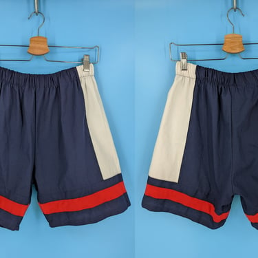 Vintage Sixties Men's Large Resort Casual Blue White Red Color Block Drawstring Swimsuit Swim Trunks 