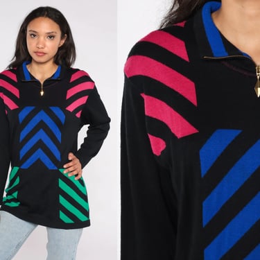 Geometric Striped Sweater 90s Knit Pullover Quarter Zip Sweater Black Statement Patterned Knit Vintage Knitwear 1990s Wool Blend Large L 