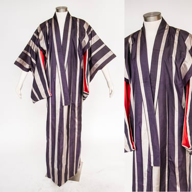1950s Kimono Japanese Robe Raw Silk Long 60s 