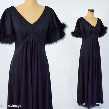 1970s Black Feather Flutter Sleeve Evening Dress | 70s Black Polyester Maxi Dress |  Marabou Feather Trim Dress | Bernie Bee Sport | Medium 