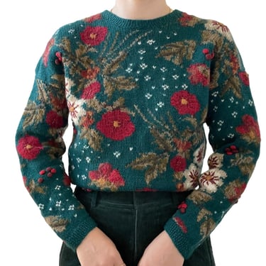 Vintage Womens Laura Ashley Hand Embroidered Christmas Mistletoe Sweater Sz M 