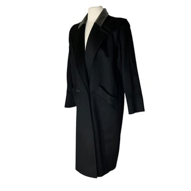 Vintage 80s 90s Jessica Lee USA Made Black 100% Wool w Leather Collar and Sleeve Detail Dramatic Runway Coat Overcoat 