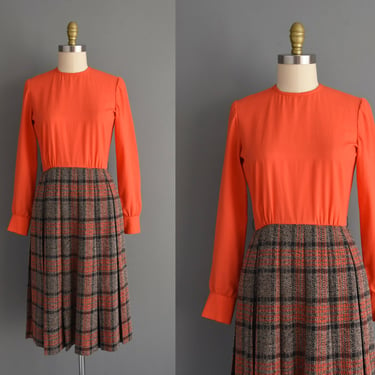 1960s vintage dress | Orange & Black Long Sleeve Pleated Full Skirt Dress | Small | 60s dress 