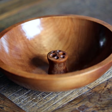 Mid-Century Walnut Nut Bowl | Hand-Turned Woodcraft Taiwan | MCM Snack Bowl with Pick Holder | Vintage Barware 