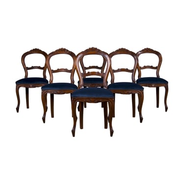 French Louis XV Style Provincial Walnut Ballon Back Dining Chairs W/ Blue Velvet - Set of 6 