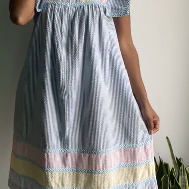 vintage structured sleeve contrast stripe pastel cotton prairie inspired frolicking dress 