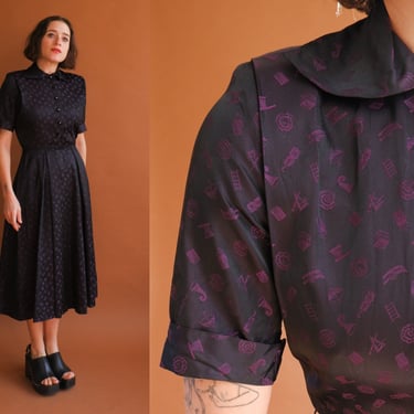 Vintage 40s BAD LUCK Taffeta Dress/ 1940s Black Purple Shirtwaist Novelty Print Dress/ Size Small 26 