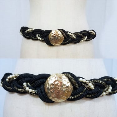 1980's Black Cord Gold and Pearl Stretch Rope Belt I Sz Med 