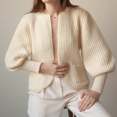 6634t / ivory ribbed wool puff sleeve cardigan sweater / s / m 