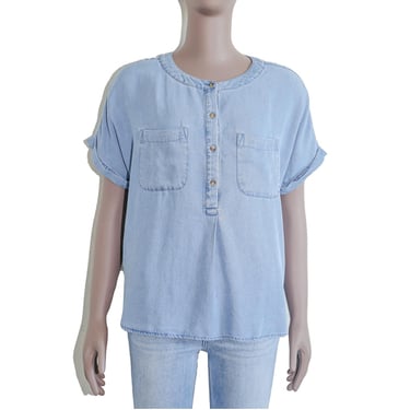 Denim Blue Button Blouse Relaxed Fit Top Office Casual Spring Summer Shirt Size Small Oversized Boho Western Blouse Flowy Work Office Top 