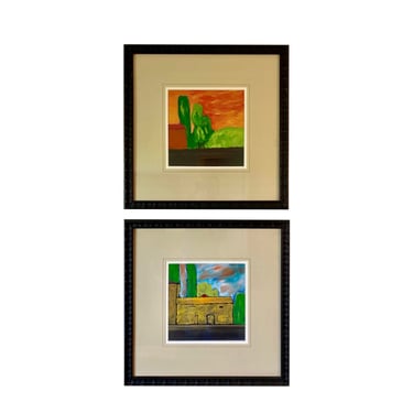 Late 20th Century Colorful Original Artworks Inspired by Mallory Lake - a Framed Set of Two 