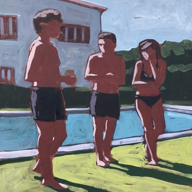 Pool #113  - Original Acrylic Painting on Canvas 16 x 20 - woman, men, michael van, Figurative, lawn, shadow, green, fine art, one of a kind 