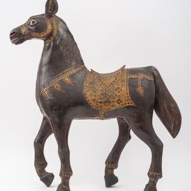 Indian Painted and Inlaid Wood Horse Carving