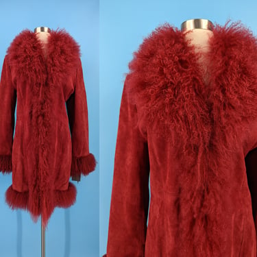 Y2K Alder Collection Large Red Leather Jacket with Fluffy Faux Fur Collar and Cuffs - New 2000 Style Mod Revival 