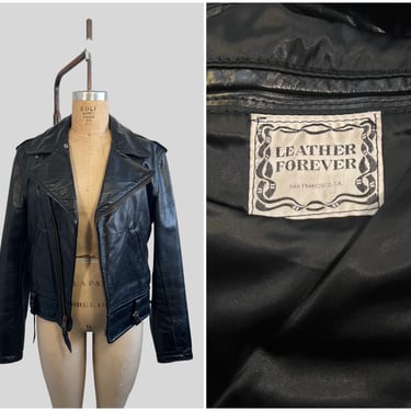 LEATHER FOREVER Vintage 70s Jacket | 1970s Black Leather Motorcycle Jacket | Moto Biker Chic Rocker | Men's Size S/M 