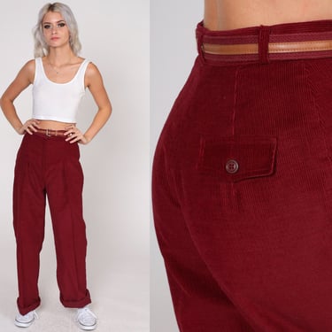 Red Corduroy Pants 70s Trousers Pleated High Waisted Rise Belted Straight Leg Slacks Retro Preppy Burgundy Vintage 1970s Extra Small xs 26 