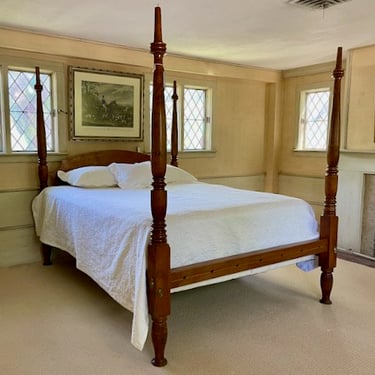 Country Sheraton Tall Post Bed in Curly Maple, Original Posts ~ Circa 1830. Resized to Queen