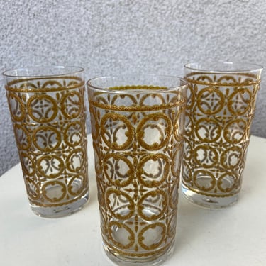 Vintage set 3 tall glasses tumblers raised golden speckled geometric design by Libbey glassware holds 10 oz.  5.5” 