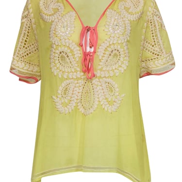Calypso - Yellow & Coral Crepe Silk Tunic w/ Embroidery & Beading Sz XS