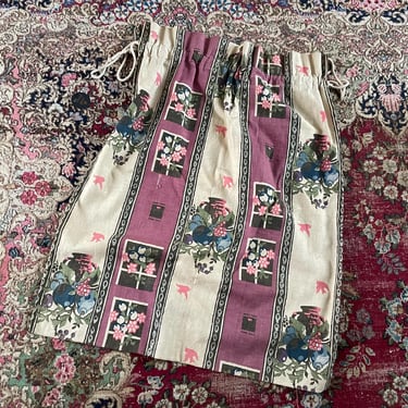 Vintage 1940’s barkcloth laundry bag XL | xtra large floral print utility bag, plum floral stripe 