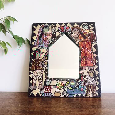 Antique Hand-painted Indian Mirror / Madhubani Folk Art Decor 