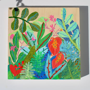 Mixed media on wood panel original work, Painting, Lush greenery art, Spring is Coming #18 