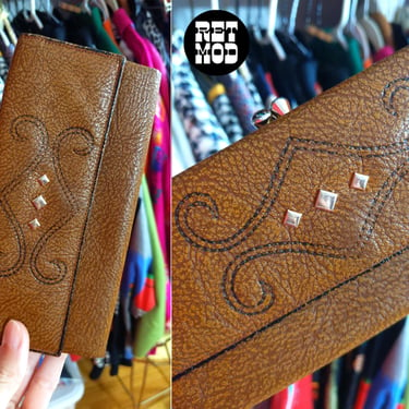 Groovy Vintage 70s Brown Leather Wallet with Scroll Design & Grommets 