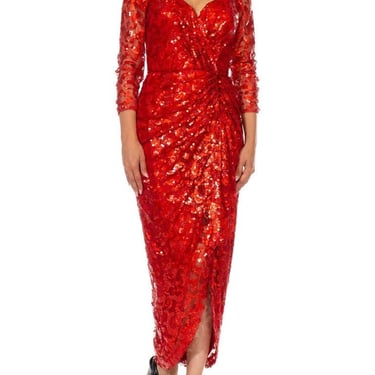 1980S Vicky Tiel Red Sequin Beaded Metallic Lace Strapless Cocktail Dress With Slit 