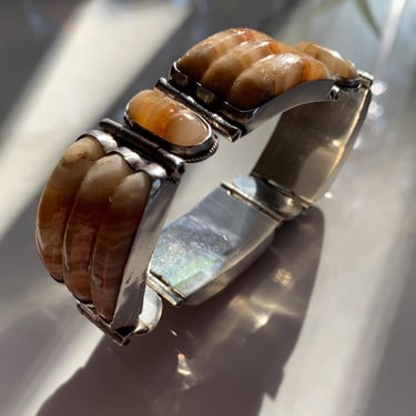 1940'S Chunky Brown Onyx Bracelet - Sterling Silver - Made in Mexico - Box Clasp - 7-1/2 Inches Long 