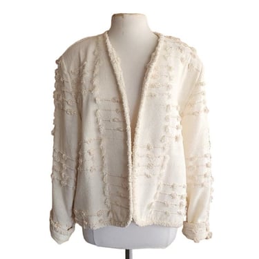 Vintage 80s Handwoven Blazer Cream Textured Cotton by Crystal Wearable Art 