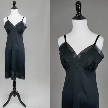 60s Black Slip - Lace Trim Full Nylon Dress Slip - Vintage 1960s - Size 38 