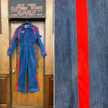 Vintage 1970’s Denim Racing Jumpsuit Red Stripe Details, 1970’s Racing Jumpsuit, Vintage Denim Jumpsuit, Vintage Coveralls, Vintage Workwear 