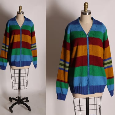 1960s Multi-Colored Rainbow Striped Blue, Green, Red and Tan Long Sleeved Wool Knit Zip Up Cardigan Sweater -L 