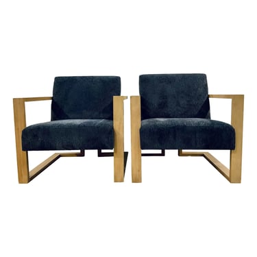 Modern Midnight Blue Chenille Lounge Chairs Pair