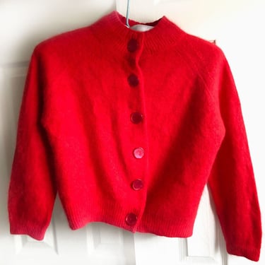 Vintage RED 50’s FUZZY ANGORA Fur Darlene Cardigan Sweater 1950s Mid Century 1960s Rockabilly 