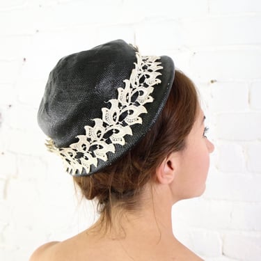 1950s Black Woven Straw Hat | 50s Black & White Woven Hat | Modern Miss 