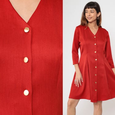 Red Mini Dress 80s A-line Fit and Flare Plain Button Up Dress Shirtdress Vintage Long 3/4 Sleeve Shirt Dress Shift Casual V Neck  Large 12 