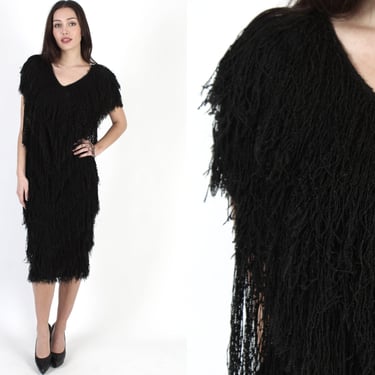 Hand Loomed Fringe Dress, Simple Tiered LBD Wiggle, Vintage 80s Disco Lounge Mini Frock 