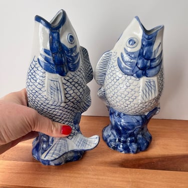 Pair of Blue and White Chinoiserie Ceramic Koi Fish Vases. Vintage Cobalt and White Decor. 