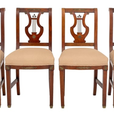 Set of 4 French Empire Walnut Lyre Back Dining Chairs