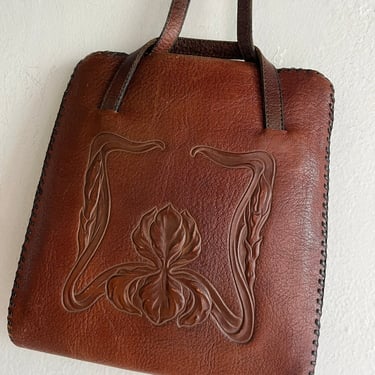 Late Teens Unique Handle Blooming Iris Hand Tooled Leather Purse with Change Purse As Found Antique 