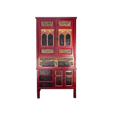 Chinese Fujian Red Golden Carving Graphic Stack Storage Wedding Cabinet cs7619E 