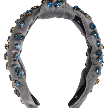 Lele Sadoughi - Grey Velour Knot Front Headband w/ Blue Jewel Embellishments
