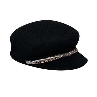 Eugenia Kim - Black Wool Cap w/ Mixed Pearl Chain